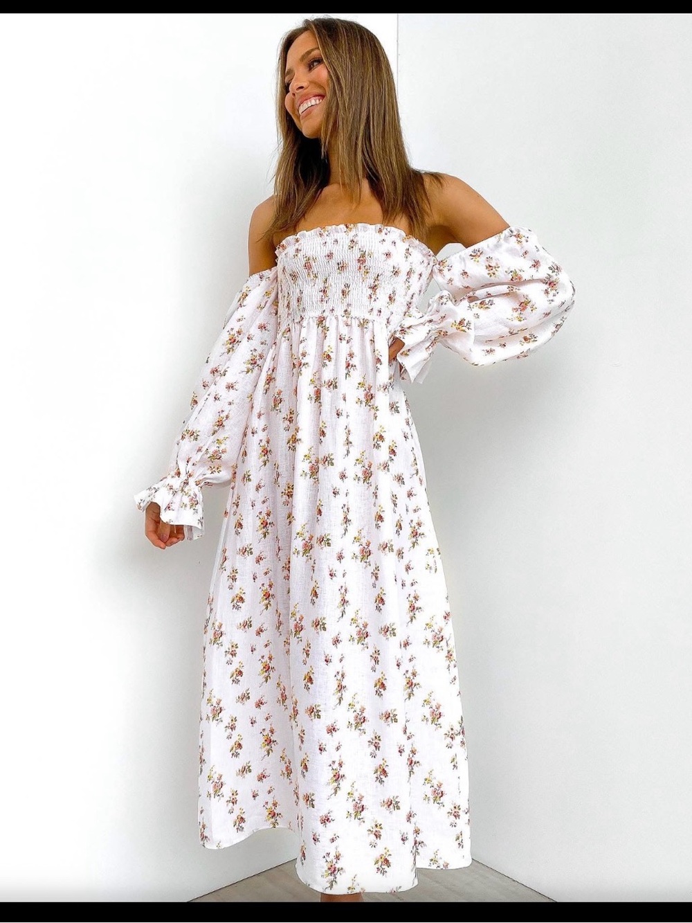 Petal & Pup Pink Floral Linen Midi Dress With Puff Sleeves